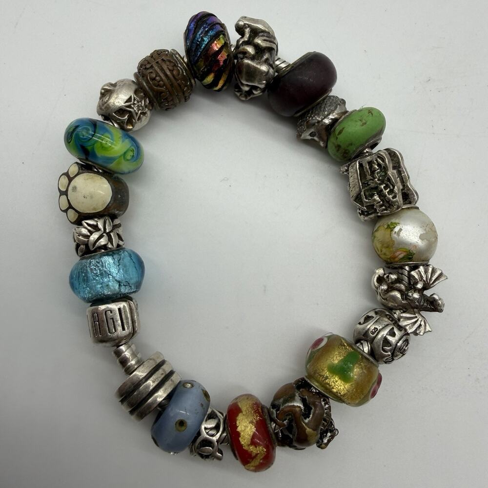 Biagi Charm Bracelet 6 Sterling 925 Charms Mixed Glass European Beads 24 Pc